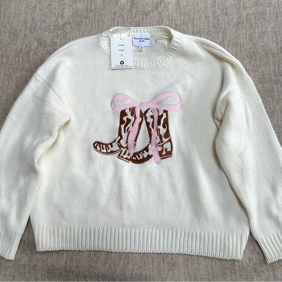 New with tags! Pink Bow and Cowgirl Boots Knit Sweater Ivory Medium M - Picture 2 of 7
